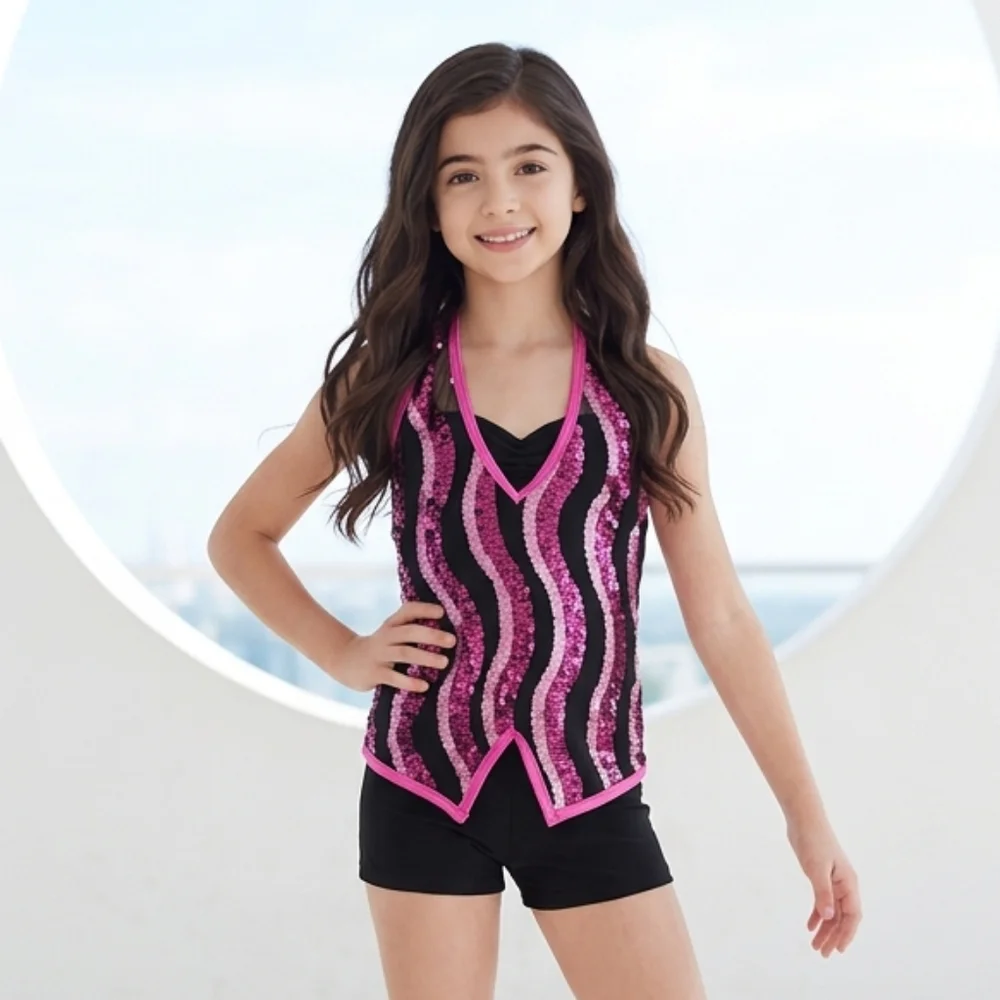 Girls Weissman Pink Sequin Halter Biketard Sleeveless Mesh Leotard Dance Costume